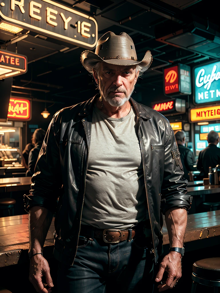 hyperrealism, (photorealistic:1.2), (film grain:1.3), masterpiece, best quality, perfect detail, cinematic lighting, professional photo, realistic photo, raw photo, cyberpunk style, gray-haired old man, torn clothes, cowboy hat, (mechanical arms :1.3), (cyborg:1.3), fantastic cafe, future, neon light, little light, looking at viewer