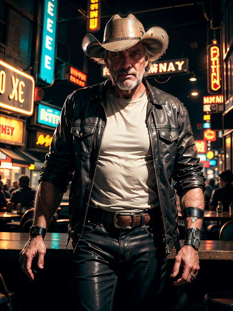 hyperrealism, (photorealistic:1.2), (film grain:1.3), masterpiece, best quality, perfect detail, cinematic lighting, professional photo, realistic photo, raw photo, cyberpunk style, gray-haired old man, torn clothes, cowboy hat, (mechanical arms :1.3), (cyborg:1.3), fantastic cafe, future, neon light, little light, looking at viewer