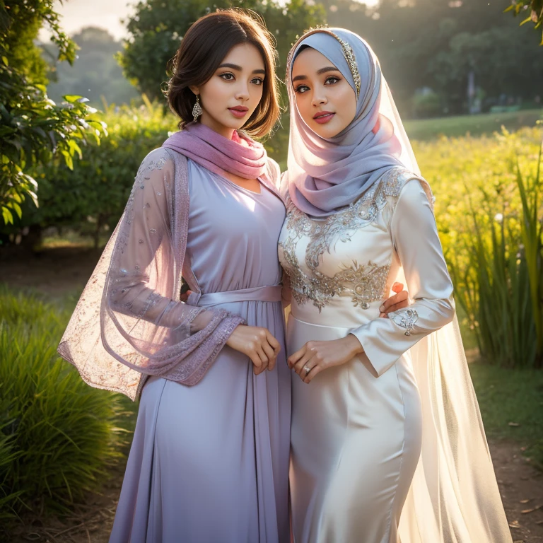 half body, beautiful muslimah girls, wearing traditional transparent silk kebaya, a couple, ultra-detailed, detailed faces, detailed skins, 8k masterpieces, cinematic lighting, perfect round bosom, voluptuous bosom, slim and slender body, long hijab, eid mubarak, in malay village, in the meadow, seducing the viewer, seductive face, flirting, revealing, intimacy, looking at each other, hands squeezing the bosom