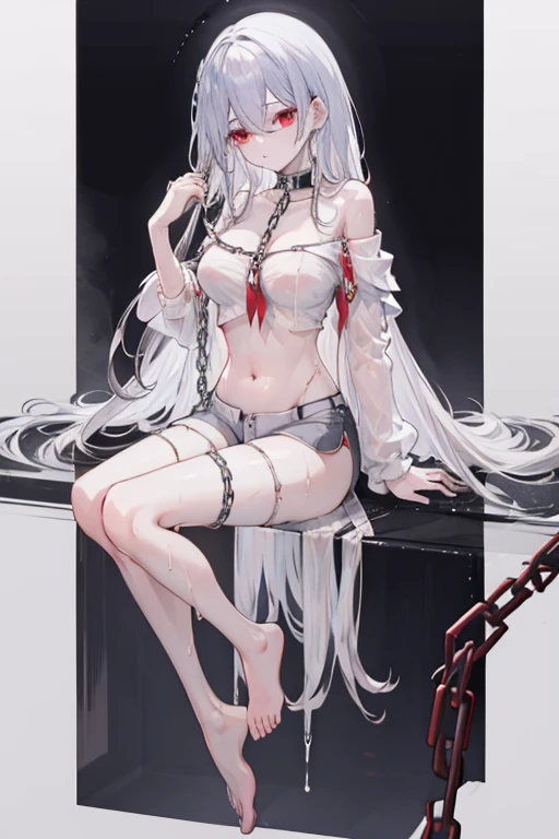 white straight hair, pretty, shorts, barefoot, red eye, chain collar, handcuffed, white skin, wet, shy, best quality, chain, off shoulder black shirit, belly, young