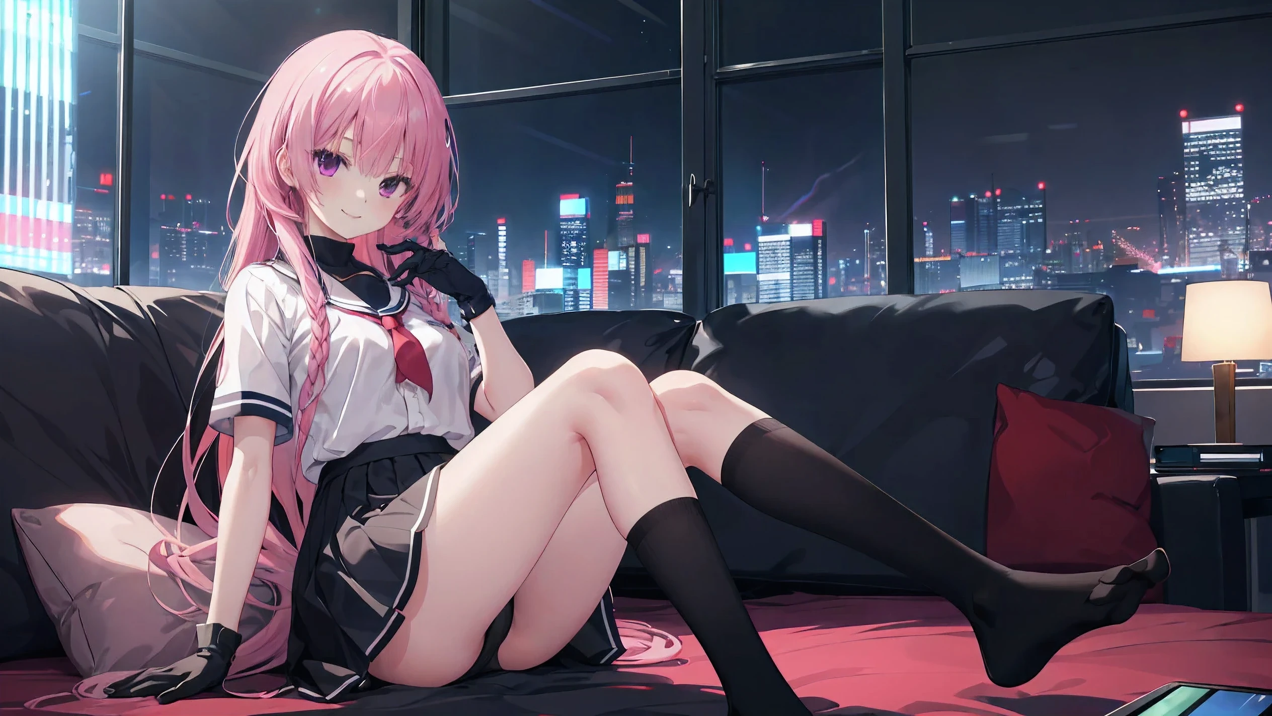 a girl，solo，Long pink hair，gentle，Smile，medium long hair，Distribute，White short sleeves，White short sleeves game clothes，black skirt，black underwear，black gloves，cyberpunk characters,night, night city background，digital punk, anime style 4k, Sitting on the sofa，indoors，in the bedroom，((black high-socks))，mitsukasa ayase、character-centered