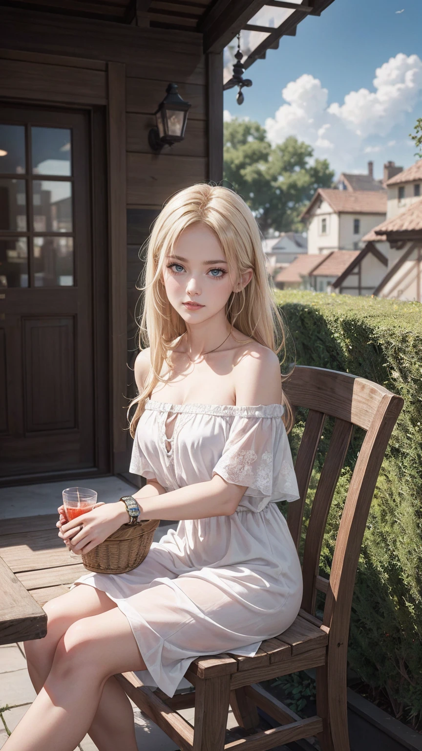 ((最high quality, 8K, masterpiece: 1.3, Ultra HD, high quality, 最high quality, High resolution, realism)) 、(high color saturation:1.0), (highly detailed skin), (最high quality:1.0), (超High resolution:1.0) ,(realistic:1.0), (Super detailed:1.0), (8K, Raw photo:1.1), slender、Slender, muscular body that's toned like an athlete's、I don't want my head to disappear from the screen.、Accessorize your wrist、Wearing red nail polish、I have a peticure、25 year old white woman、platinum blonde、blue eyes、long hair、hair above one eye、smile、Gothic historical building、Sit on a chair on the terrace in the courtyard、The table is decorated with a basket of fruit and cups of drinks.、Wear an off-shoulder bodycon dress、Wear high heelansion garden、Blooming profusely、The ground in the courtyard is grass、Surrounded by a hedge、Blue sky beautiful、It's early summer、The wind is pleasant