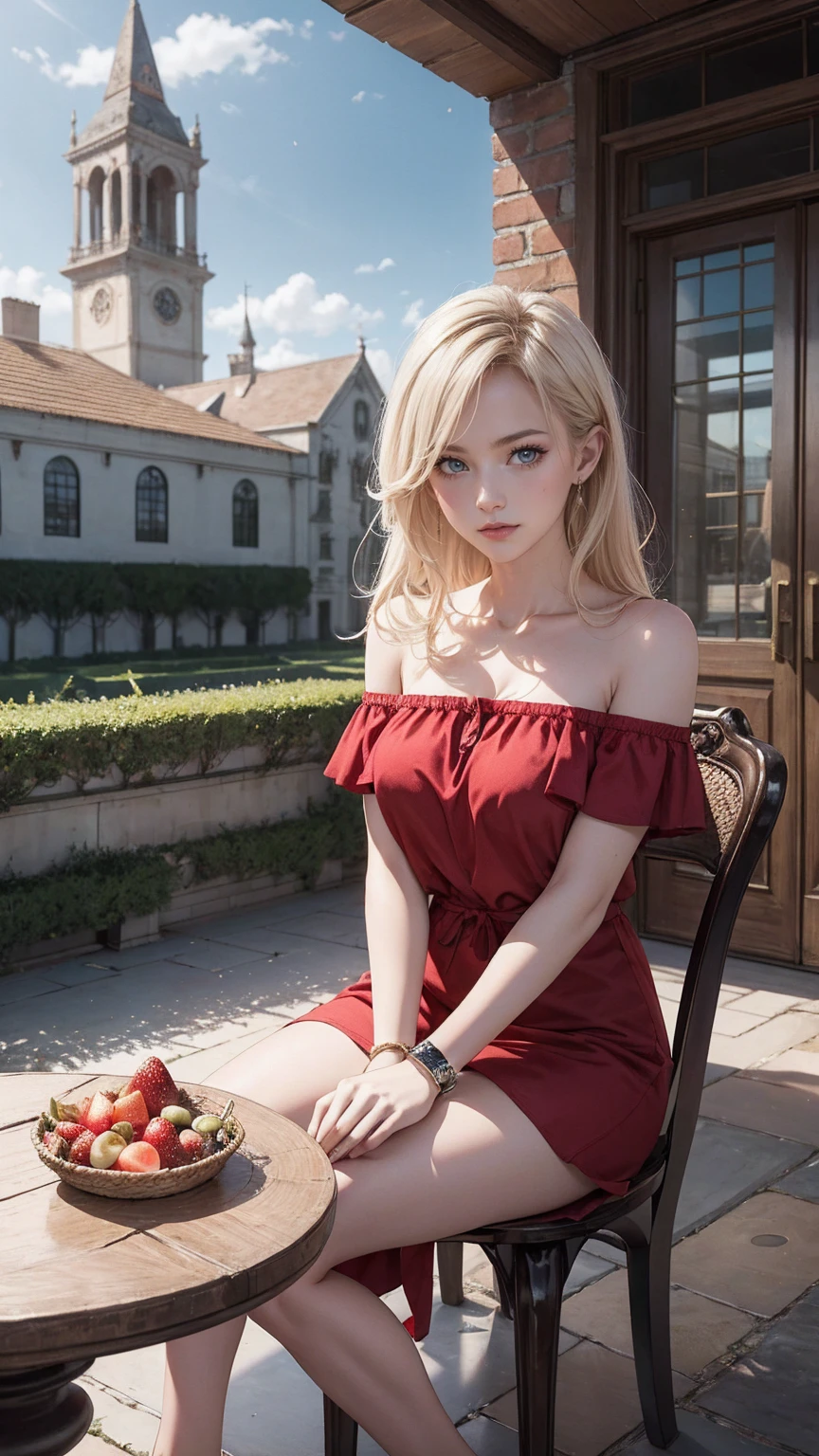 ((最high quality, 8K, masterpiece: 1.3, Ultra HD, high quality, 最high quality, High resolution, realism)) 、(high color saturation:1.0), (highly detailed skin), (最high quality:1.0), (超High resolution:1.0) ,(realistic:1.0), (Super detailed:1.0), (8K, Raw photo:1.1), slender、Slender, muscular body that's toned like an athlete's、I don't want my head to disappear from the screen.、Accessorize your wrist、Wearing red nail polish、I have a peticure、25 year old white woman、platinum blonde、blue eyes、long hair、hair above one eye、smile、Gothic historical building、Sit on a chair on the terrace in the courtyard、The table is decorated with a basket of fruit and cups of drinks.、Wear an off-shoulder bodycon dress、Wear high heelansion garden、Blooming profusely、The ground in the courtyard is grass、Surrounded by a hedge、Blue sky beautiful、It's early summer、The wind is pleasant