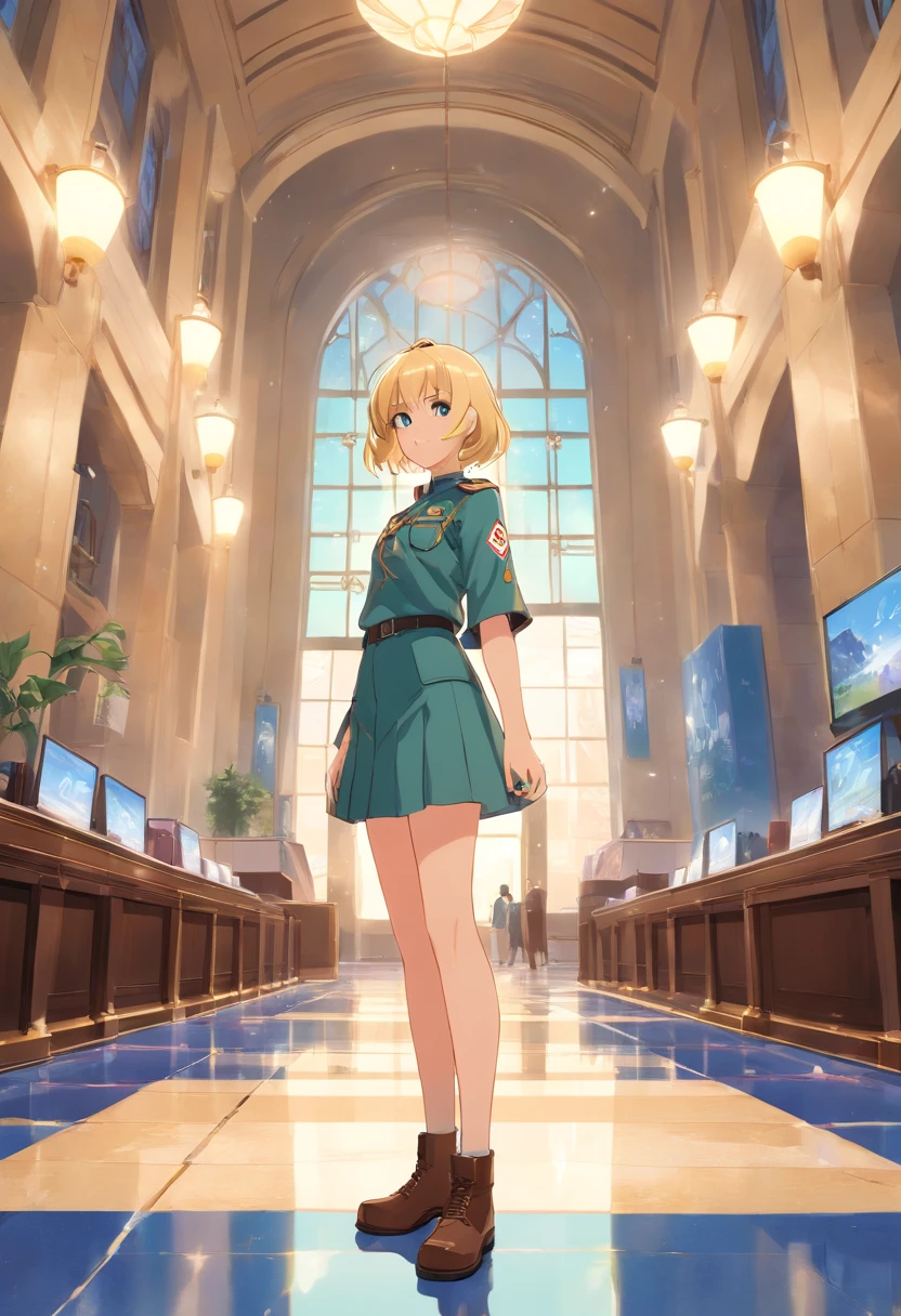 17 year old blonde woman, ojos azules, el pelo cortado en melena, le cubre una parte de la cara, delgada, vestida con traje militar prusiano y botas largas, standing on a shiny floor in a marble room