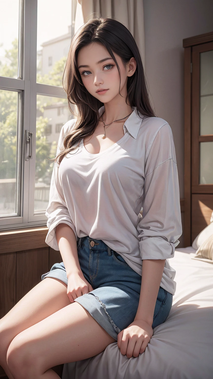 (highest resolution, distinct_image) The best quality, a woman, masterpiece, highly detailed, semi realistic, 21 years old, cute, young, beautiful, naked oversized t-shirt, shirt tug, collar on neck, indoors, modern bedroom, window, waking up, morning, blushing