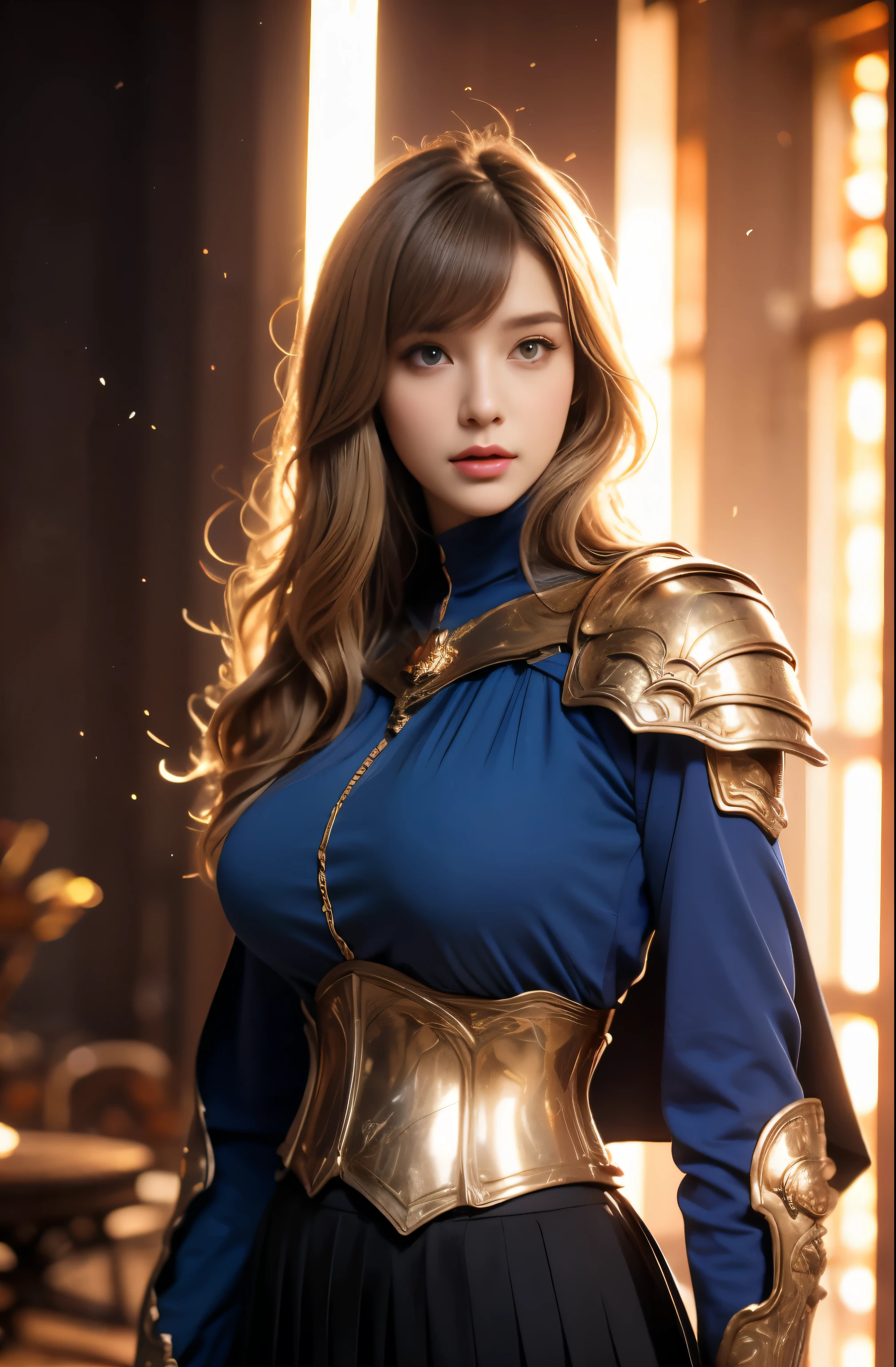 bright look、ponytale、young, sparkling, White and radiant skin、Best Look、The reflection of blonde hair、Platinum blonde hair with dazzling highlights、shiny light hair,、Super Long Silk Straight Hair、Radiant beautiful bangs、Radiant clear attractive big blue eyes、Very beautiful, dashing,  girl、Lush bust,Beautiful detailed eyes, Beautiful detailed nose,(( s whole body:1.25)),Makeup emphasizes the eyes、((pleated skirt:1.3)),(Women like Joan of Arc:1.3)、(S armor:1.3)、knightage, (Equipped with a long sword :1.2)，Royal style，comic style, , Sub-surface scattering, Dazzling detail, Natural background, A hyper-realistic, films, with dramatic lighting, masutepiece、(Decorative armor)、(Wearing an aura:1.5)、CIRCLET、((Princess Knights))、Frild、((hold a black golden long sword)) , (((super colossal breast))), ((pointy breast)), blushing, blue eyes , ((golden hijab)) 