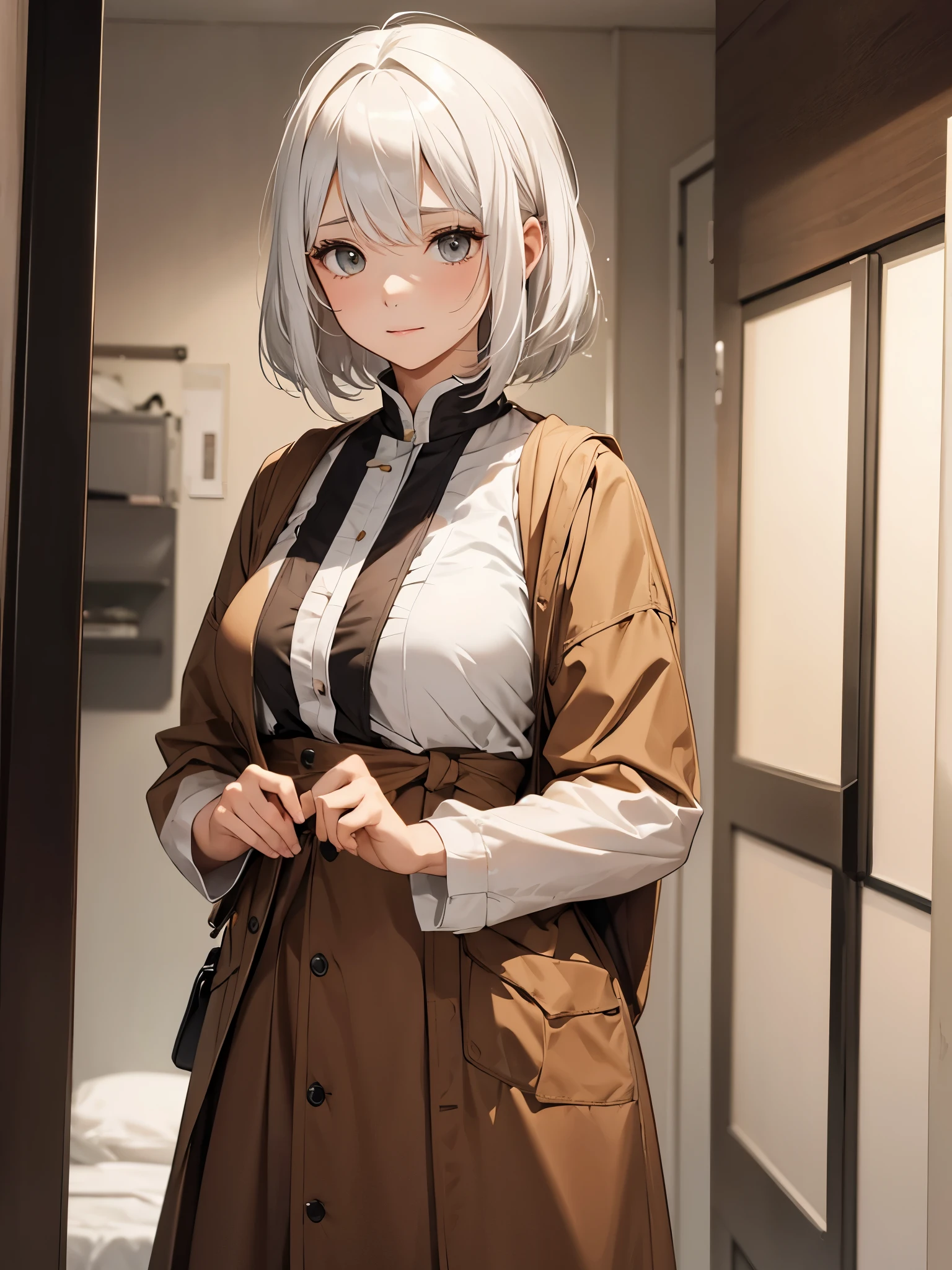 A mature girl, white hair, wearing brown costume