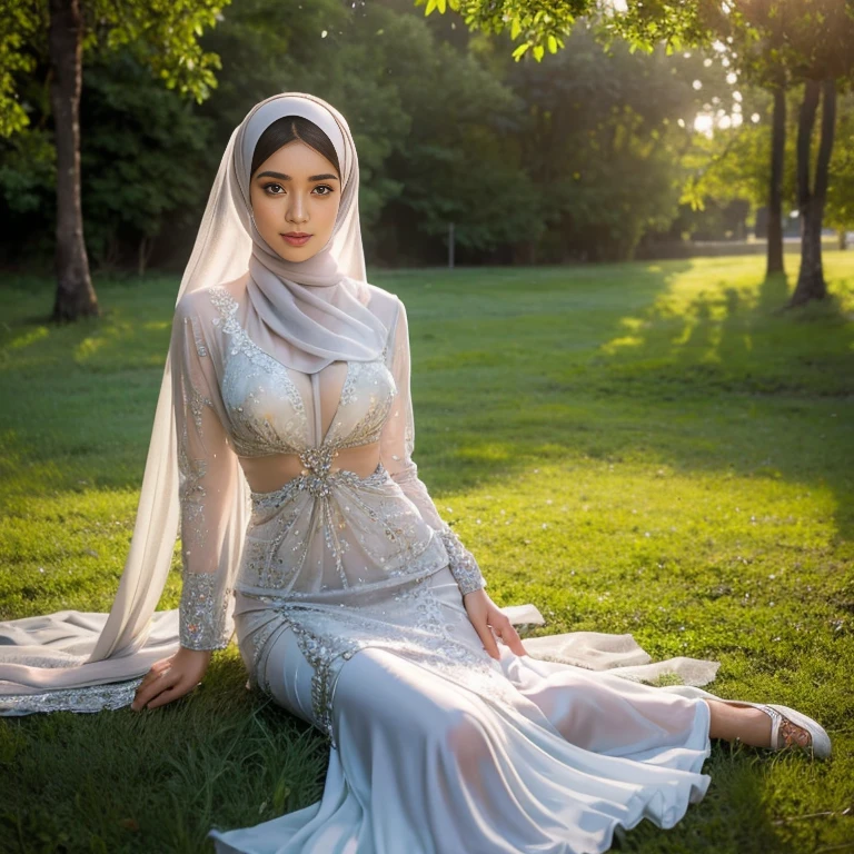 half body, beautiful muslimah girls, wearing traditional transparent silk kebaya, a couple, ultra-detailed, detailed faces, detailed skins, 8k masterpieces, cinematic lighting, perfect round bosom, voluptuous bosom, slim and slender body, long hijab, eid mubarak, in malay village, in the meadow, seducing the viewer, seductive face, flirting, revealing, intimacy