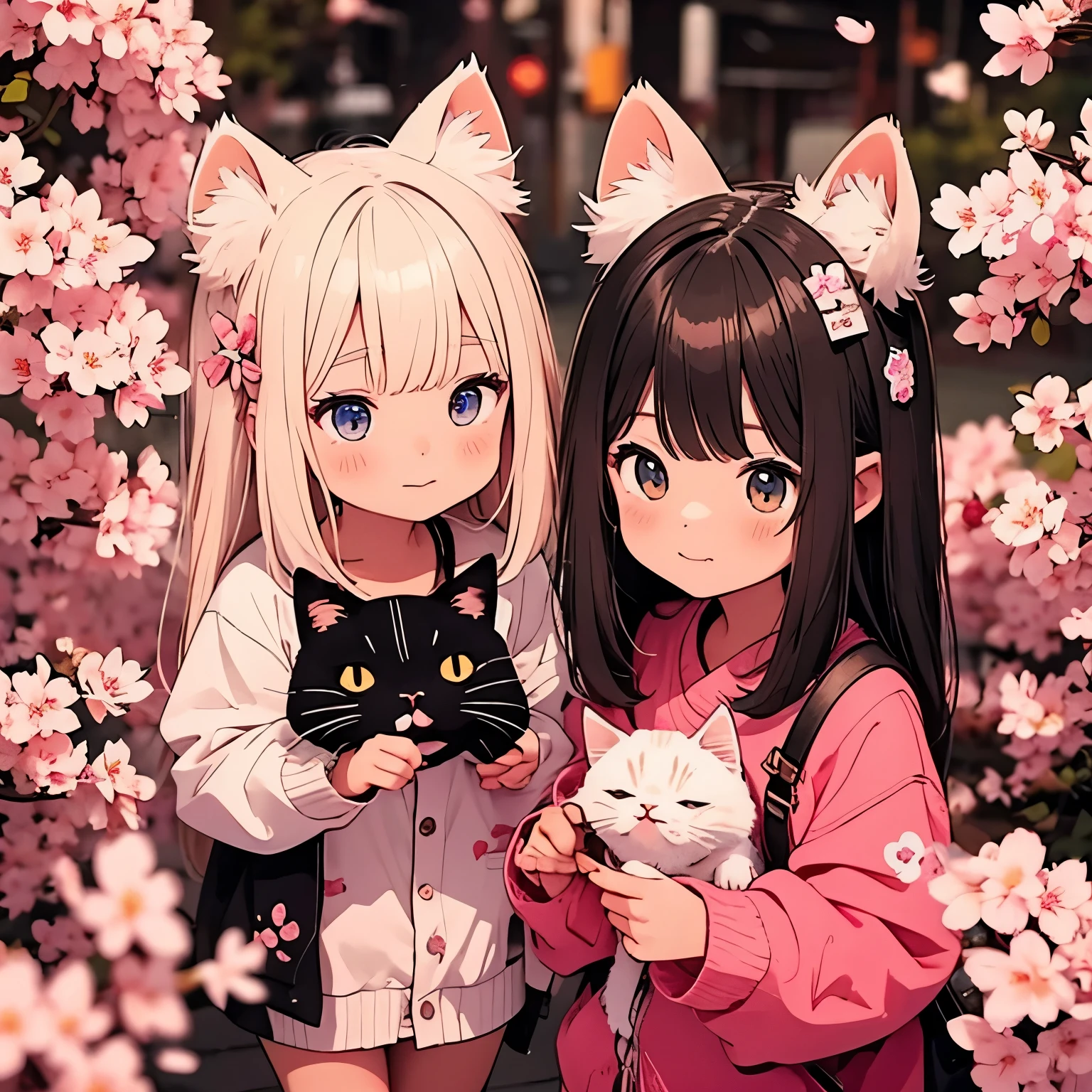 A city covered in cherry blossoms、Two girls anthropomorphizing kittens、 body type、Chibi、Cat ears and tail、Hanabubuki ,happy look、Completely naked