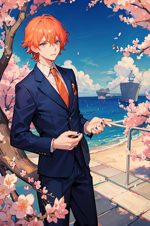 orange hair short hair perm drooping eyes blue eyes Handsome guy boy cherry blossoms Entrance ceremony navy blue blazer