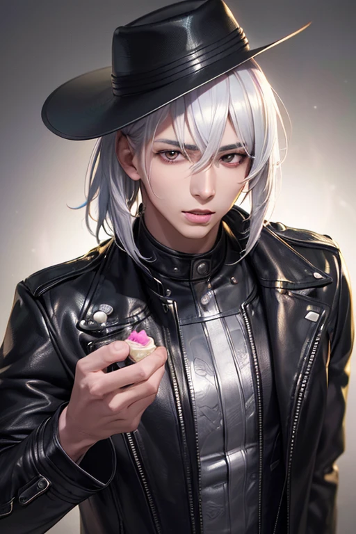 Handsome young male wearing a leather jacket, wearing a hat, silver haired, Have ice cream, silver tousled hair, good looking, (8K, Raw photo, realistic:1.25) ,( lip gloss, eyelash, male, shiny face, Glossy skin, black skin, dark sobs, male, highest quality, ultra high resolution, young male, Depth of the bounds written, chromatic aberration, caustics, wide range lighting, natural shading,K-POPアイドル) Look at the viewer with a sense of calm and divine happiness.,