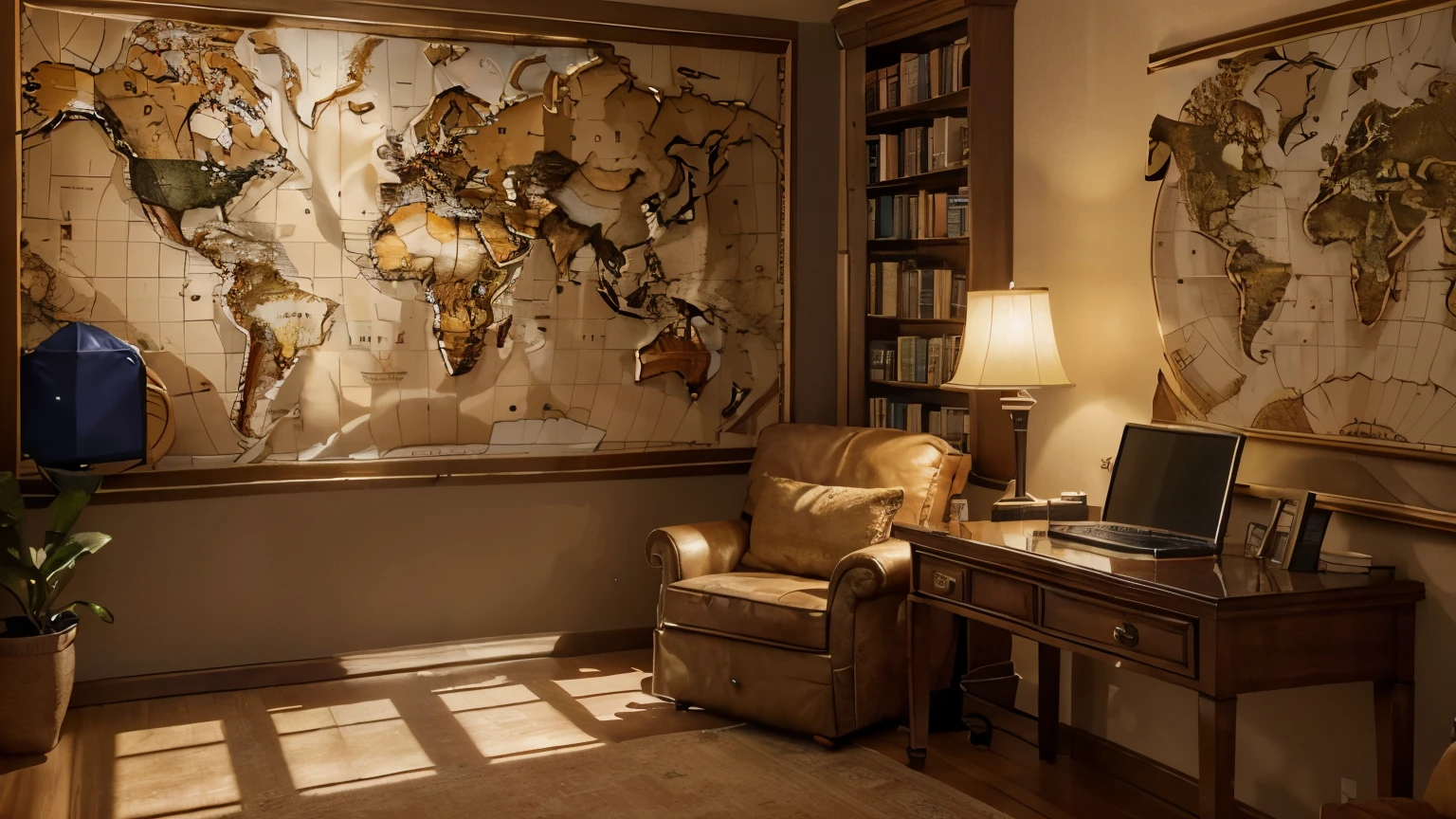 (best quality,4k,8k,highres),ultra-detailed,(realistic,photorealistic,photo-realistic:1.37),sunlit studio room,detailed world maps on the side walls,library with travel books,65" screen mounted on the front wall,earth globe displayed on the floor,warm and inviting atmosphere,subtle shadows and highlights,studio lighting