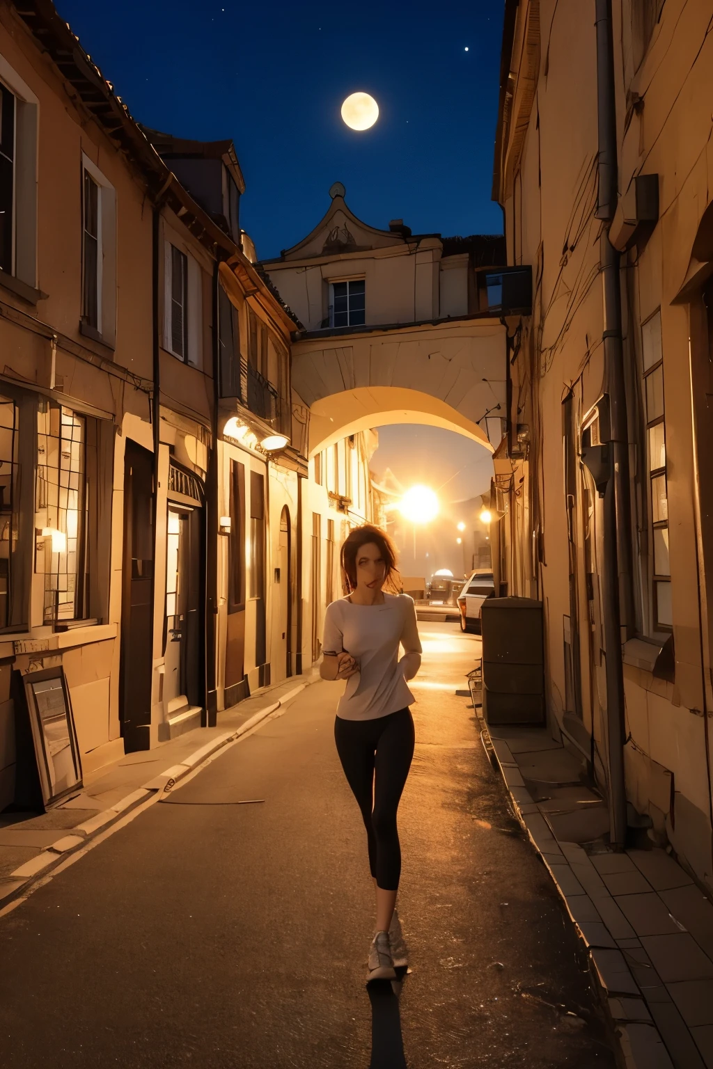 femme, course à pieds, realiste, cheveux longs, brune, athletique, brune, grande, mince, ville, soir, coucher de soleil, vent, lune , pleine lune