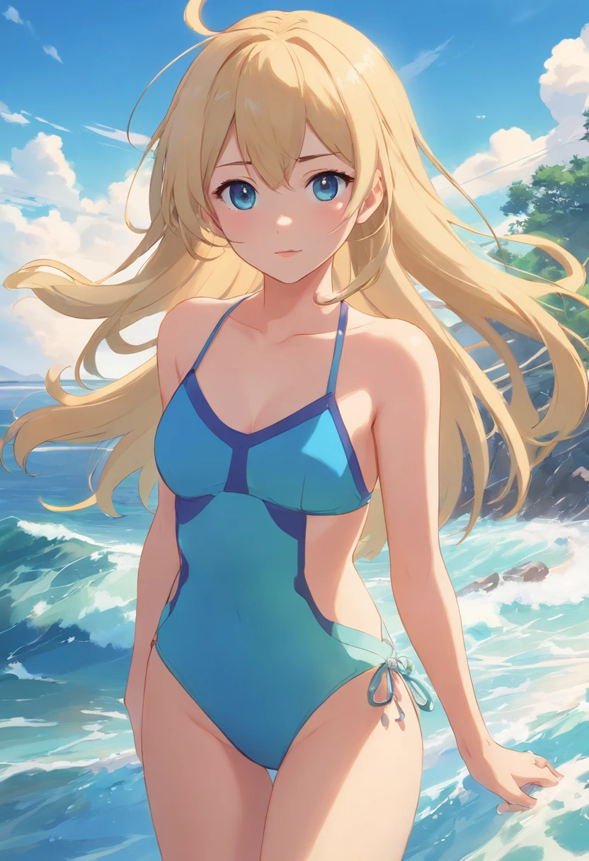 blonde woman, ojos azules, el pelo cortado en melena, le cubre una parte de la cara, delgada, dressed in a swimsuit, de pie frente al mar, con las olas tocando sus piernas