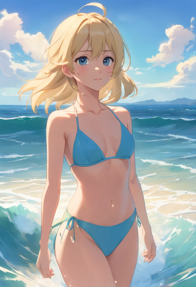 17 year old blonde woman, ojos azules, el pelo cortado en melena, le cubre una parte de la cara, delgada, dressed in a swimsuit, de pie frente al mar, con las olas tocando sus piernas