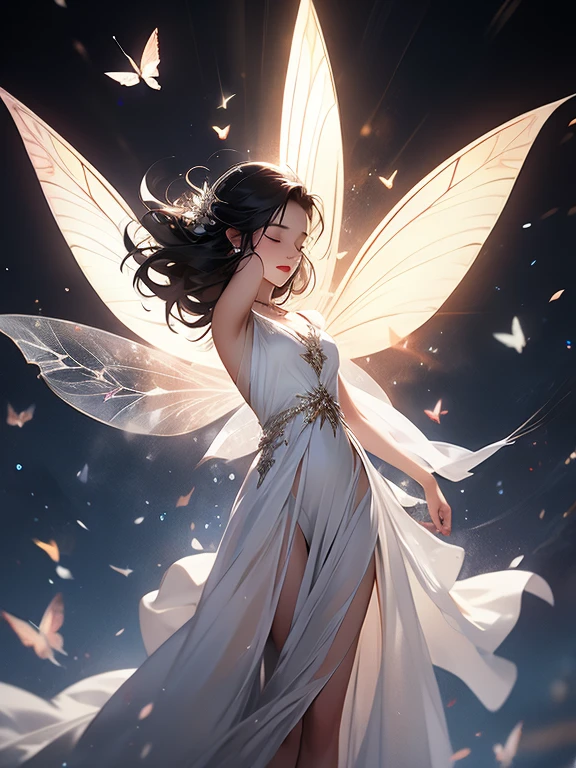 Closed eyes, black hair, fairy, white dress