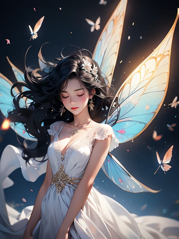 Closed eyes, black hair, fairy, white dress
