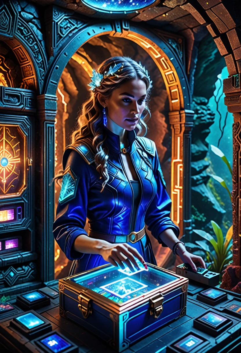 (best quality,4k,8k,highres,masterpiece:1.37), ultra-detailed, (realistic,photorealistic,photo-realistic:1.37), (aerial view), (top down perspective), 1woman, (the focal point is a woman pulling a video game cartridge out of a futuristic artifact chest full of retro video game cartridges:1.6), (the woman is looking at the box:1.4), (Futuristic artifact box), (the artifact box is open), (The scene unfolds inside a mystical cavern:1.4), cyborg, (The woman is wearing an insectoid exoskeleton made with glass details, covering her entire body:1.5), (dynamic angle:1.37), science fiction, (The woman's hair is made of fractal technologic components:1.5), (fantasy and sci-fi mixed:1.5), holographic glitch effects floats around the woman, vibrant colors, (A blue glow emanates from inside the treasure chest), glowing lights, (abandoned machinery), (there are old video game cartridges and consoles on the background), mystical creatures, pixelated details, (there are crystal formations spreading on the background), (futuristic technology), (ancient artifacts), mystical energy, vibrant retro aesthetic, atmospheric lighting, ancient ruins, mysterious symbols, shimmering water, lush vegetation, interdimensional portals, nostalgic atmosphere, immersive storytelling, epic adventure, delightful surprises