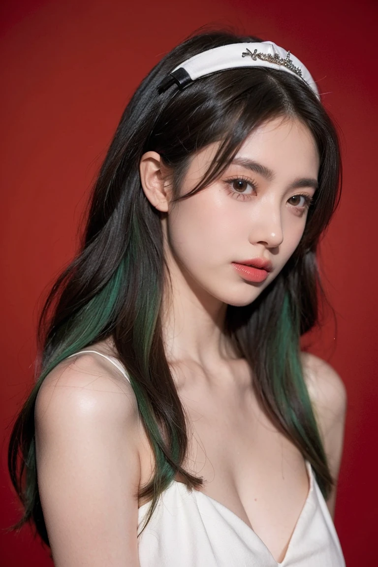 21yo girl, green hair, red background,
