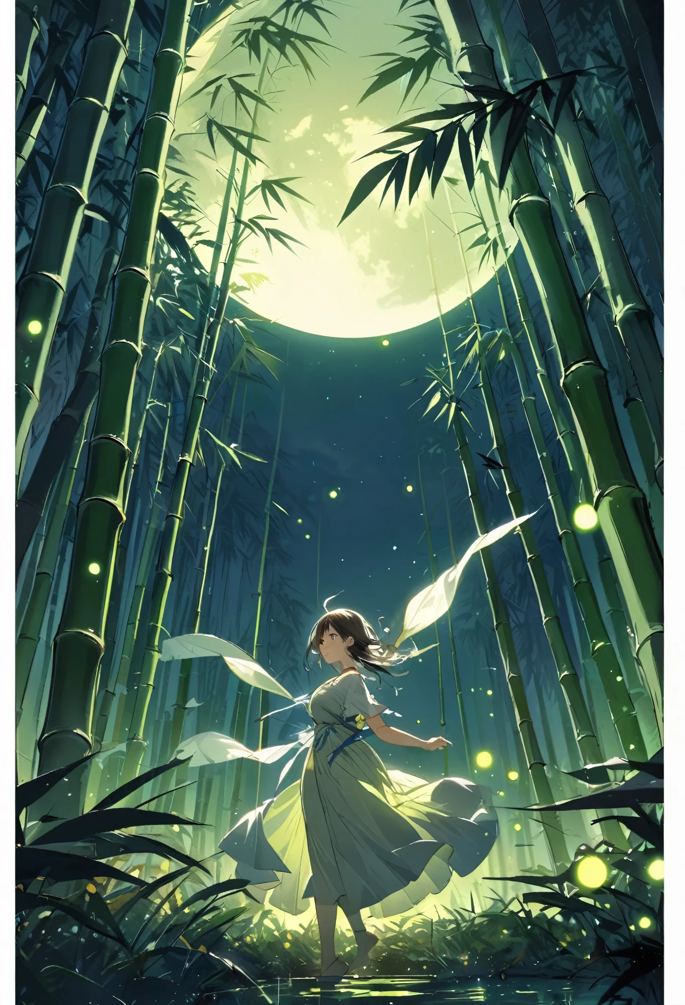 Silent night, quiet bamboo forest, bamboo leaves falling with the wind, full moon in the sky, fireflies flying