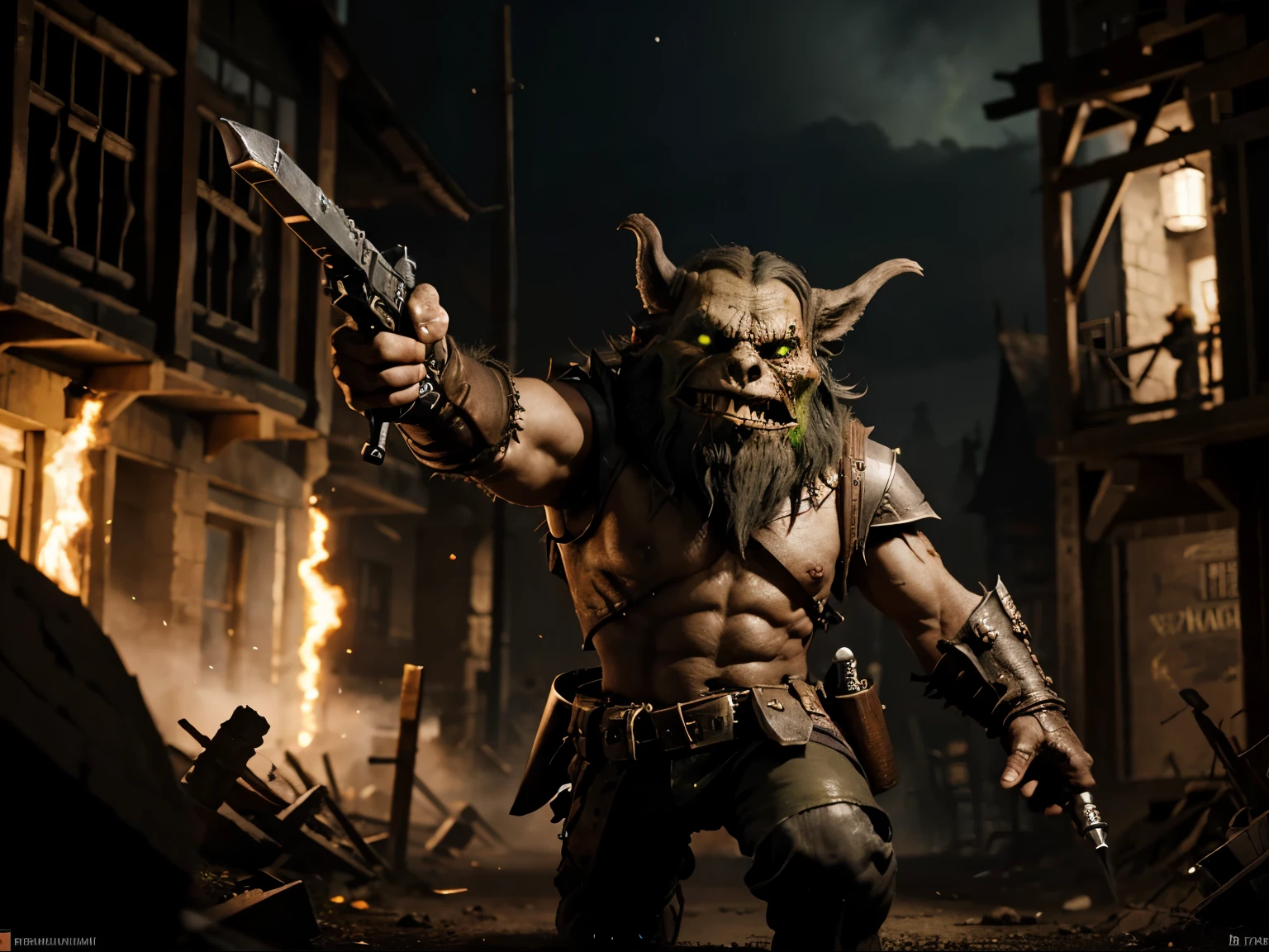 Ein Ork, feroz, terror, Mit einer riesigen Axt in der Hand, Nachtwaldfeldhintergrund, Geister, 2D-Zeichnung, High Resolution, 4k