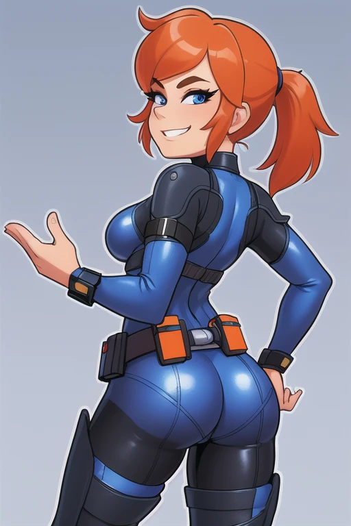 (masterpiece, best quality), intricate details, 1girl, ((32year old, dressed in a tight blue futuristic sci-fi bodysuit, utility belt, boots, medium breasts, short orange hair, pony tail styled hair, perfect model body:1.3, detailed blue eyes:1.5, Seductive grin on face, looking from behind:1.2, back shot, ass focus)),
