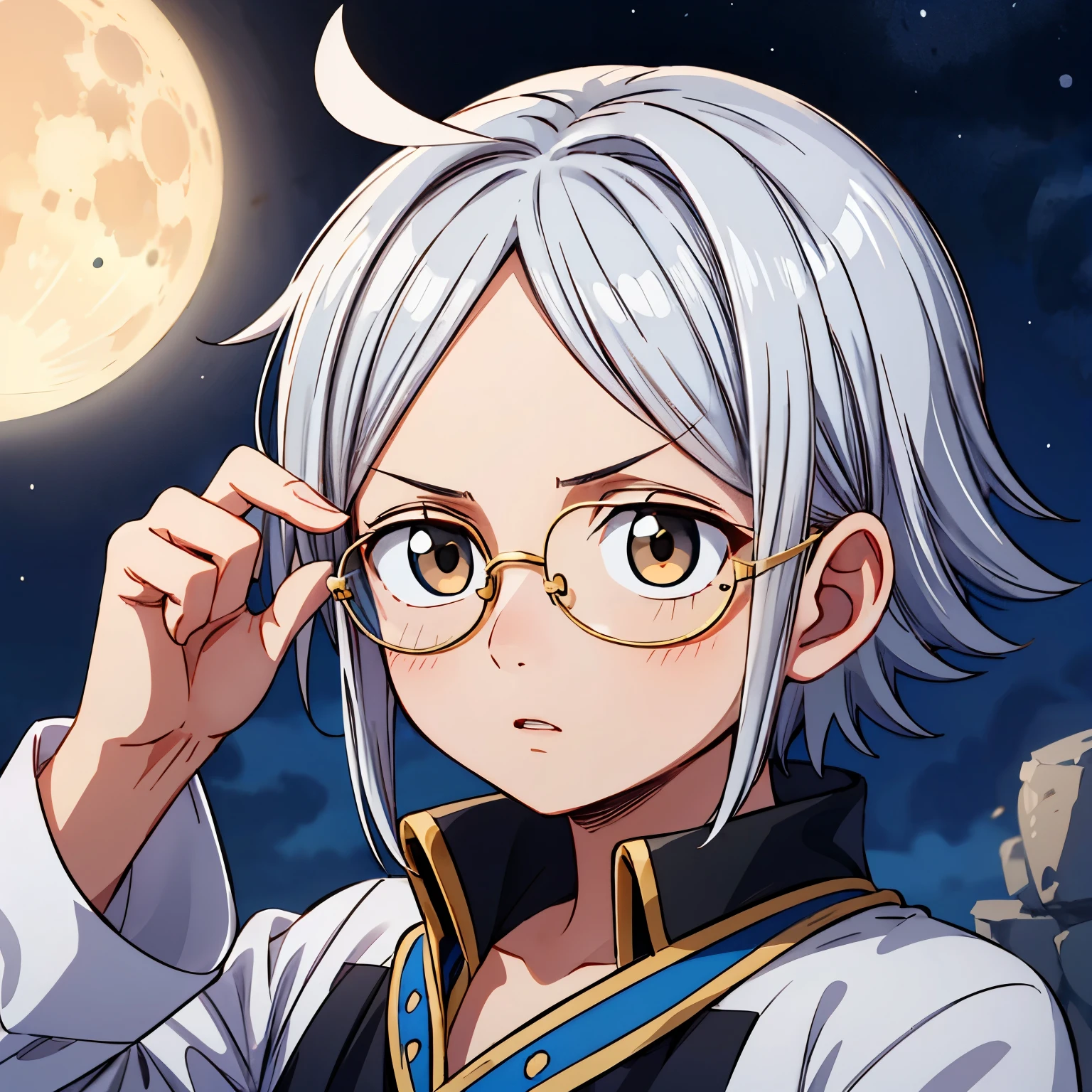 pelo gris, Pinza para el cabello, lazo para el pelo, gafas negras, lunar debajo del ojo, pupilas en forma de corazon, auriculares, aburrido 1 chico, hombre