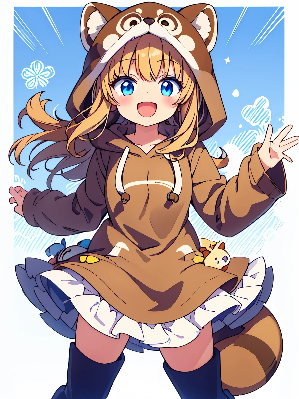 a cartoon style fullbodypicture of a girl with a brown tanuki hoodie  on her, 1girl, solo, smile, open mouth, looking at viewer, white background, hood, bow, blush, blue eyes, , simple background, bangs, :d, ,    hood, , animal ears, , hood,, tanuki ears(((knee))((boots))tanuki