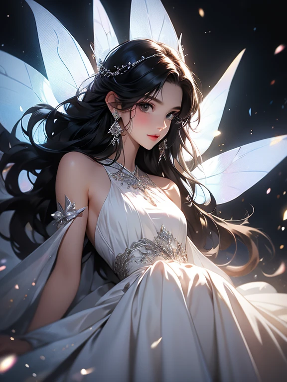 black hair, fairy, white dress