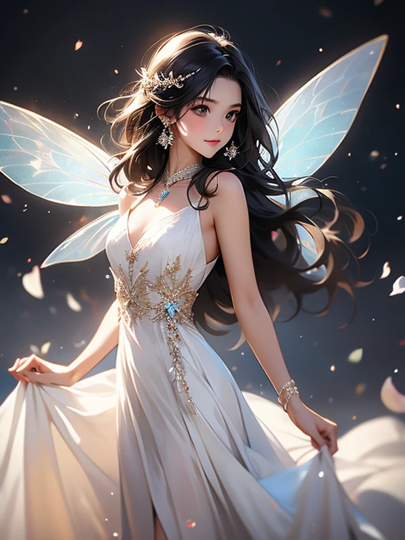 black hair, fairy, white dress