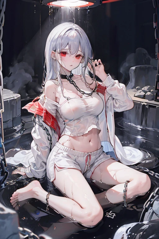 white straight hair, pretty, shorts, barefoot, red eye, chain collar, handcuffed, white skin, wet, shy, best quality, chain, off shoulder black jacket, belly, young, lava, hell, under dirty water