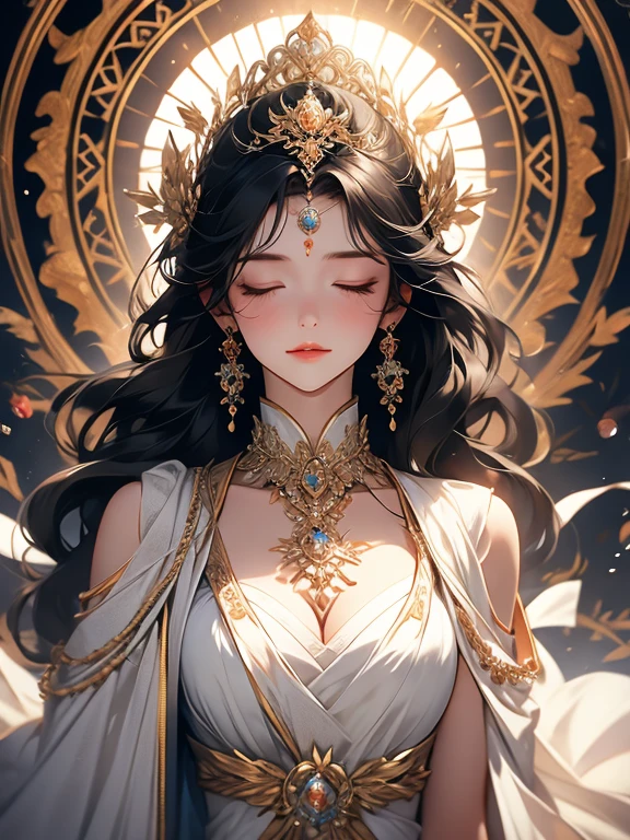 Closed eyes, black hair,  white dress, goddess