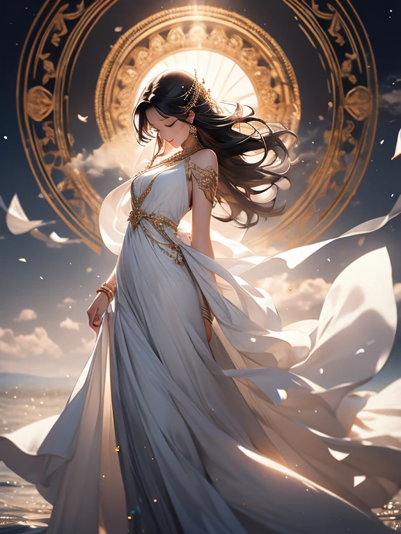 Closed eyes, black hair, white dress, goddess