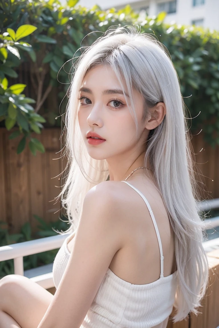 TWICE tzuyu, Korean beauty, silvery white hair, long hair, small face, fair skin, narrow eyes, slanted eyes, slender, big breasts, sex appeal, lustrous, mature