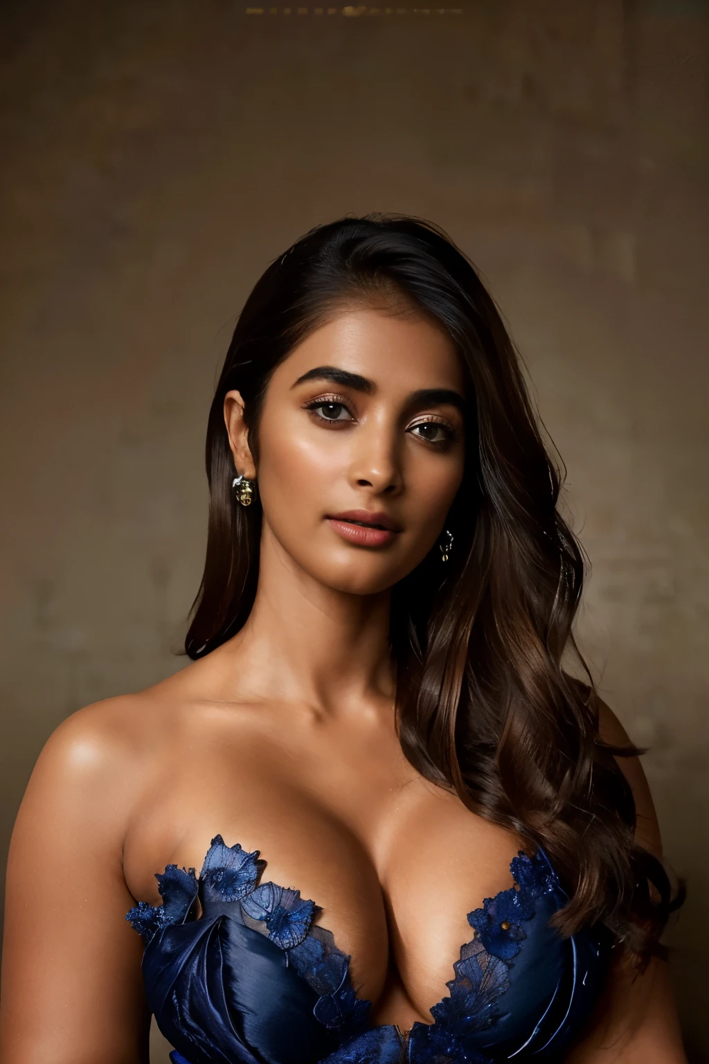 close-up portrait, (portrait photo), ((best quality)), masterpiece, 8k wallpaper, nikon, cinematic lighting, medium hair, ((blue iris)), (photorealistic:1.4), (pooja hegde), (as maid), (deep cleavage)