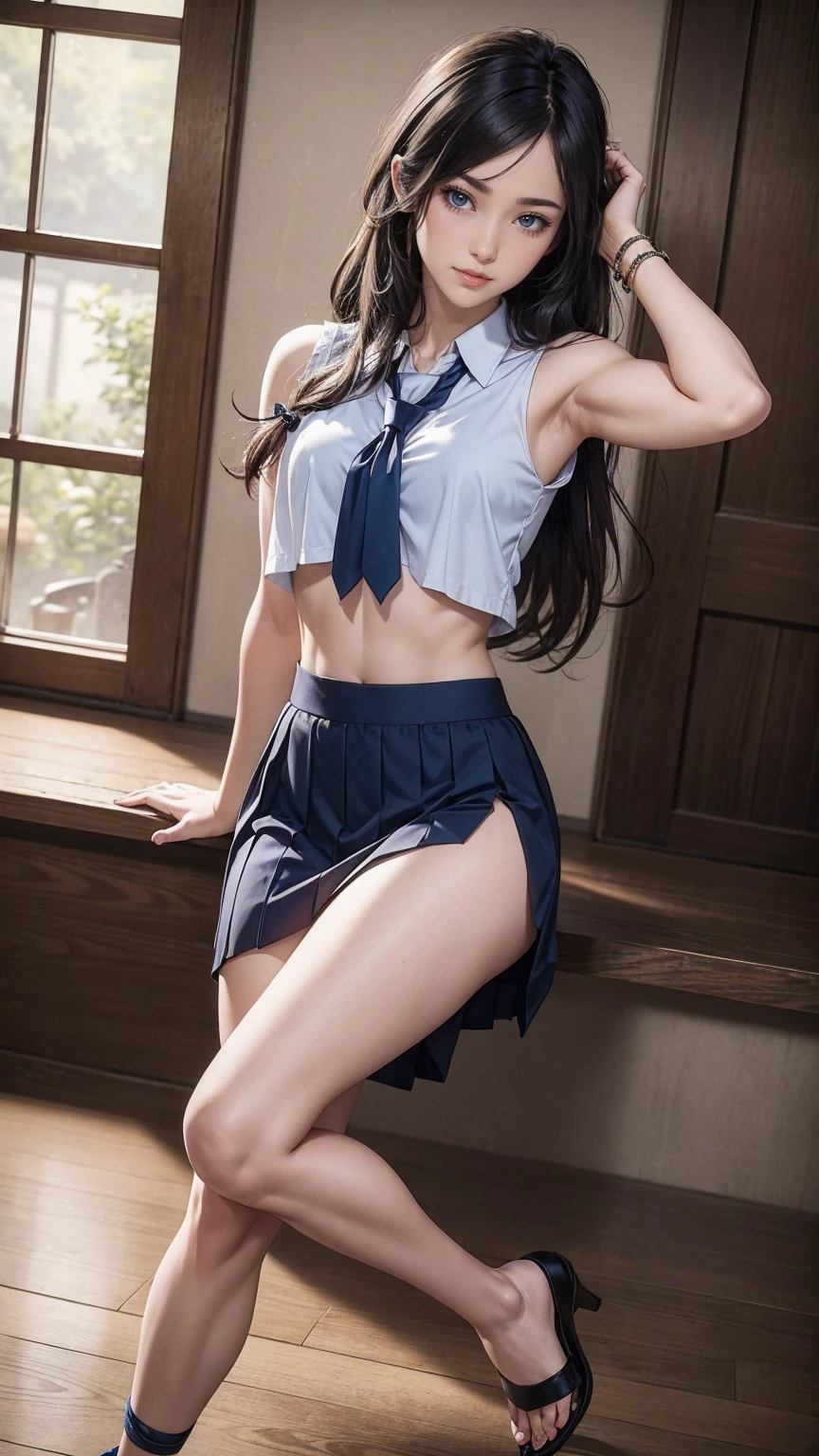 (8K, RAW photo, highest quality, masterpiece:1.2), (realistic, photo-realistic:1.37)、26 year old Japanese woman、hair is black、Eye color is indigo、long hair、I braid it lightly、Slender but well-proportioned muscular body、setting hair、I'm punching my chest、accessories on the ankle、smile、I'm wearing a hair band、Wearing a sheer tie-front shirt、My abs are cracked、I can see my bellybutton、Wear a navy blue low-rise micro mini pleated skirt、smile