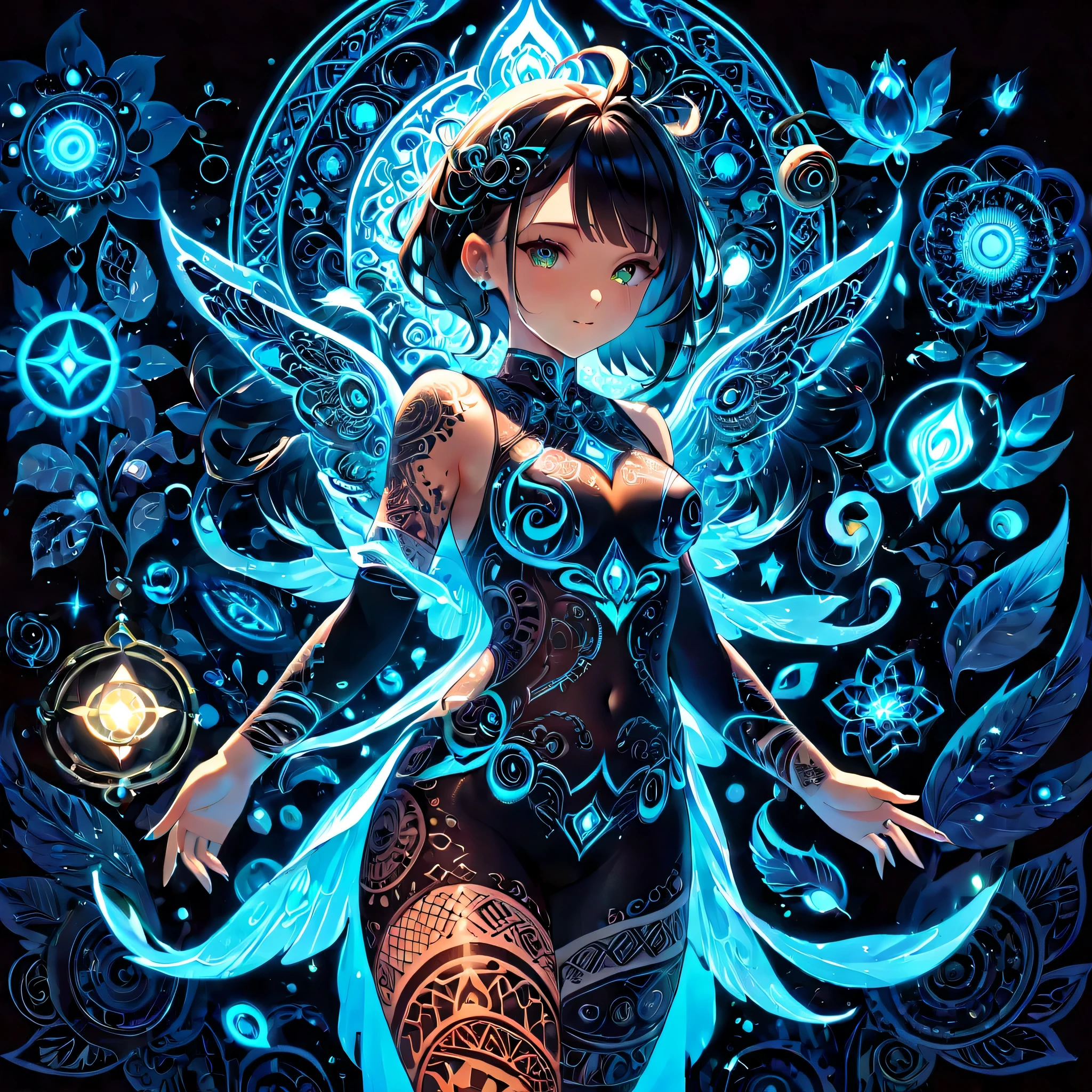 a girl with a tattoo covering her entire body, intricate patterns and designs, various symbols and motifs, lighting effects highlighting details, thick, with glowing energy emanating from the tattoos, glowing tattoos