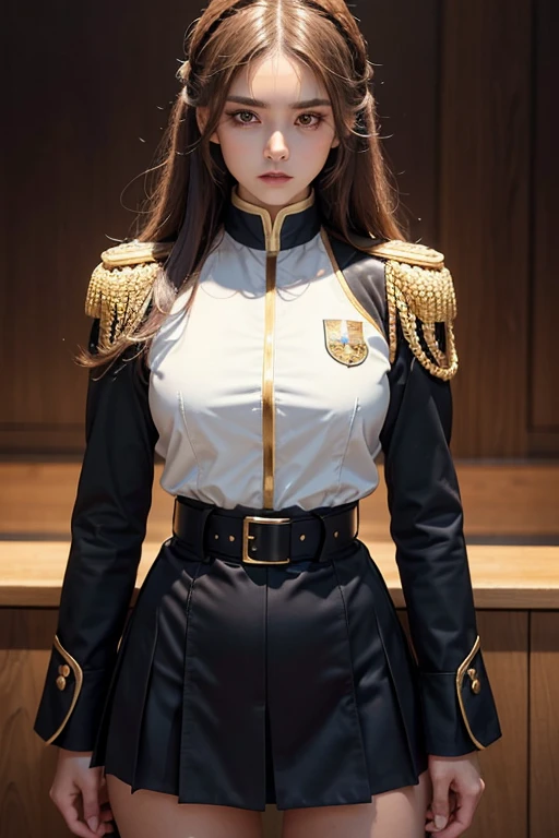 element of elegance to her militant appearance. The uniform's collar, adorned with gold insignia, sits proudly atop her shoulders, highlighting her strong neck and flowing mane. The uniform's sleeves, rolled up to her forearms, reveal her tanned, toned arms, each muscle defined and ready for action. The uniform's hem, just below the knee, accentuates her long, shapely legs. The uniform's belt, cinched tightly around her waist, emphasizes her small, defined waist and hips. The uniform's skirts, just below the knee, rustle softly with each step she takes, adding an air of mystery and allure to her
