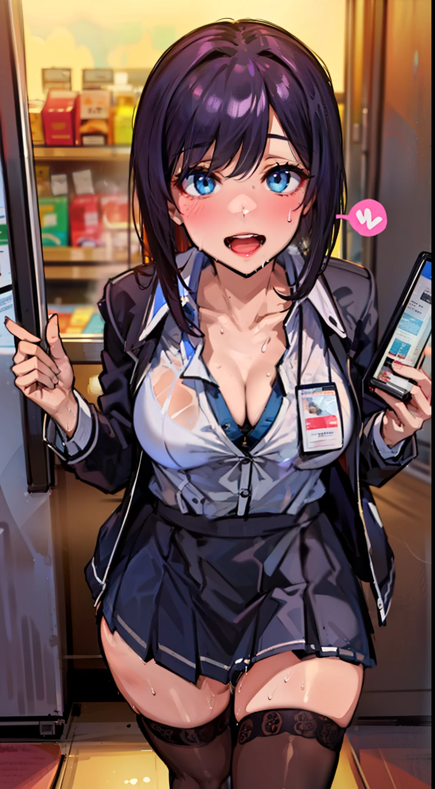 (be familiar with, masterpiece, highest quality, Complex),

cowboy shot, Kyoka Tachibana,

big breasts, 
1 girl, alone, At a convenience store,
cute eyes, beautiful face, perfect round butt, 
fit and body, female pervert,

The jacket is a cute thin shirt, Cleavage is exposed, Beautiful woman in a white shirt and miniskirt, super mini tight skirt, smile, 

black high-heels, Thighhighs, black_leg wear,

early teens, alone, pale skin,
blue eyes, ((beautiful mature woman)),
no_bar,

enchanting smile, naughty face, Sweat, vapor, embarrassed, blush, Excited, (spoken heart),

Are standing, Best Sexual Poses, cover the crotch,

(At a convenience store), Near the Ocean shore, (window, Ocean, null, cloud, Day), summer, indoor, perspective, bright lighting, Shelves with many products displayed, white wall,