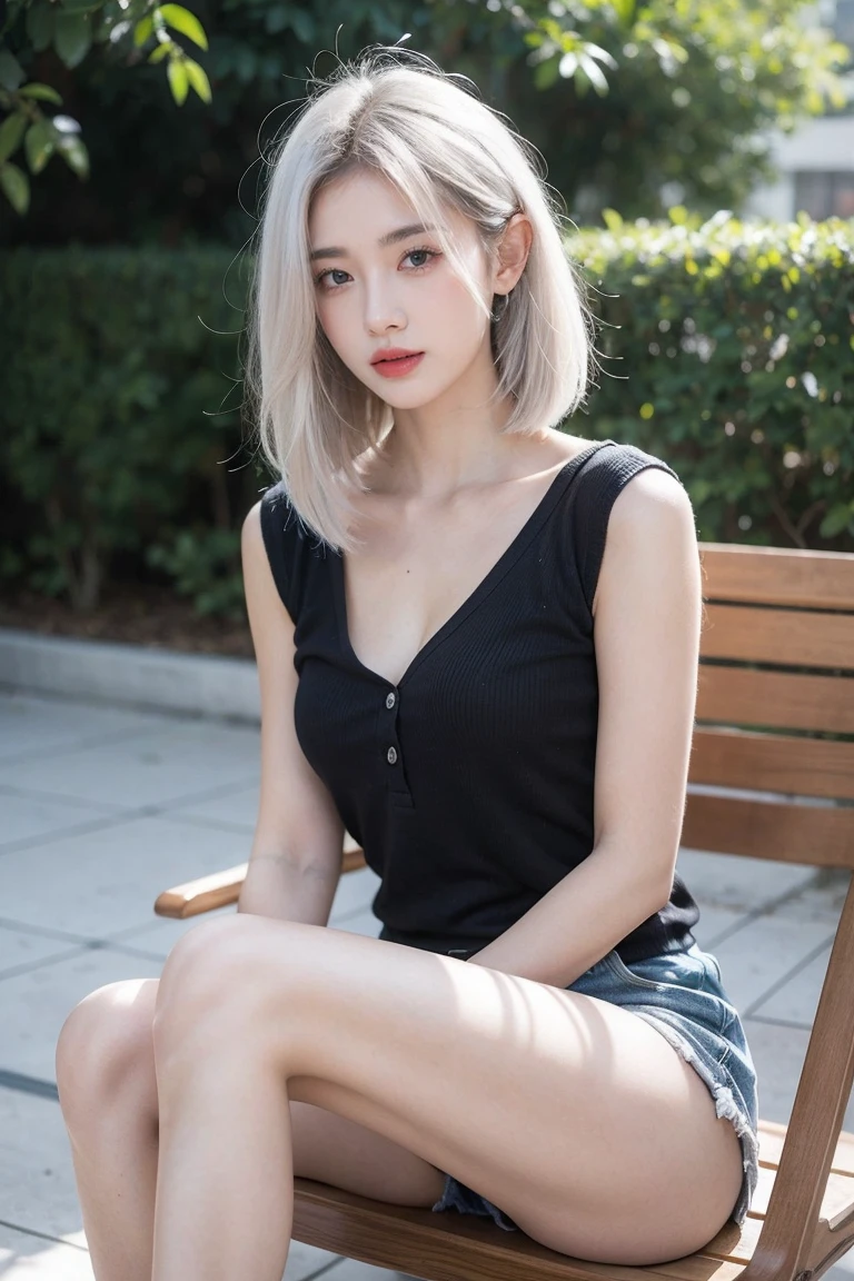 21yo girl, white hair, sitting on the beatch 