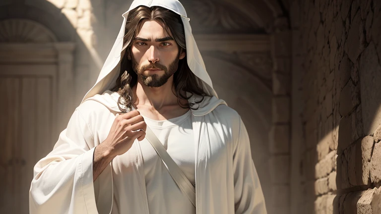 an ultra realistic image of Jesus in white robes