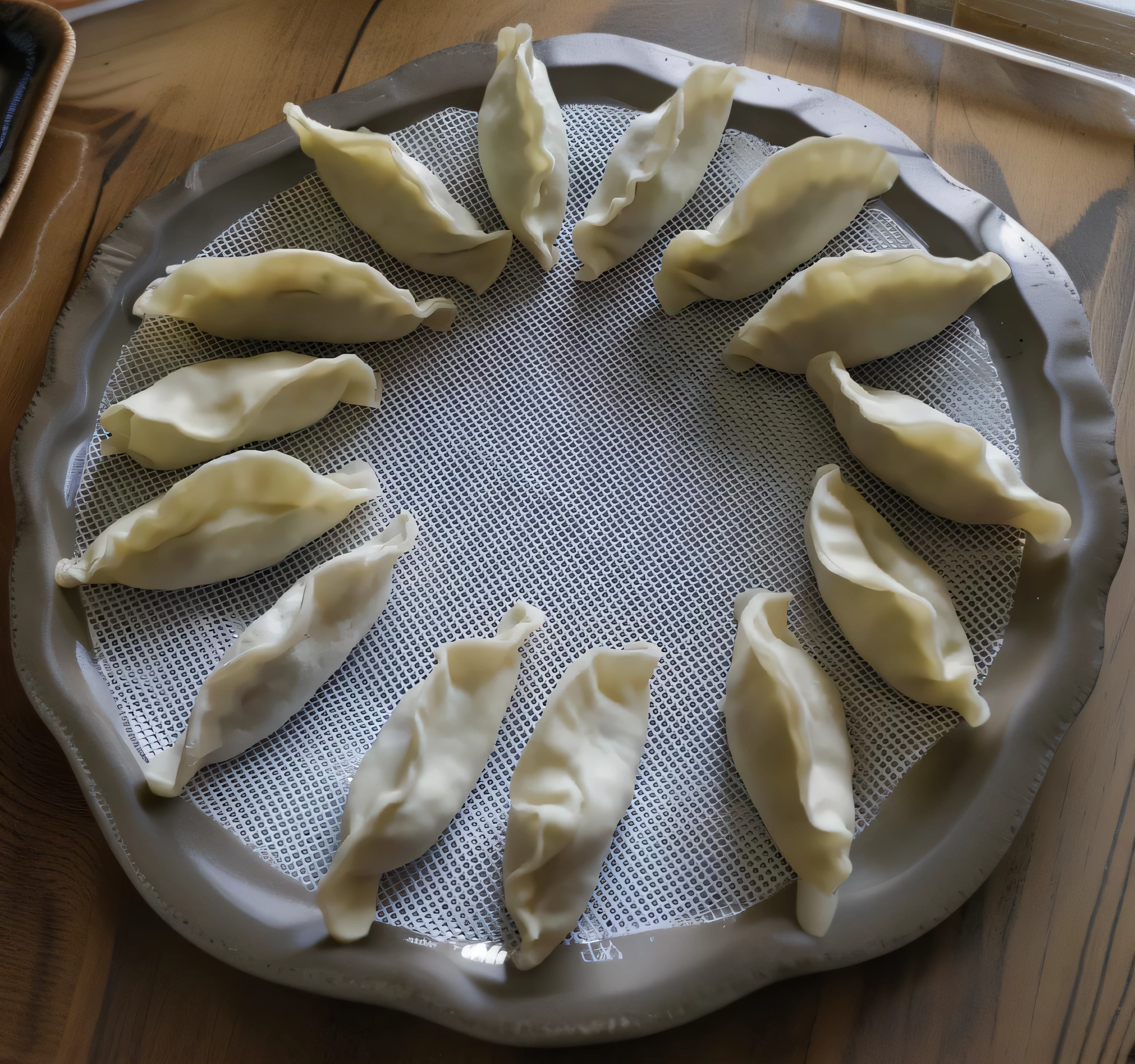 arafed dumplings on a tray on a table with a knife, dumplings on a plate, momoshiki ōtsutsuki, dish, bao phan, cooked, ready to eat, steamed buns, recipe, chinese, straining, chozo, version 3, noon, easy, bao pnan, ❤🔥🍄🌪, by Amelia Peláez