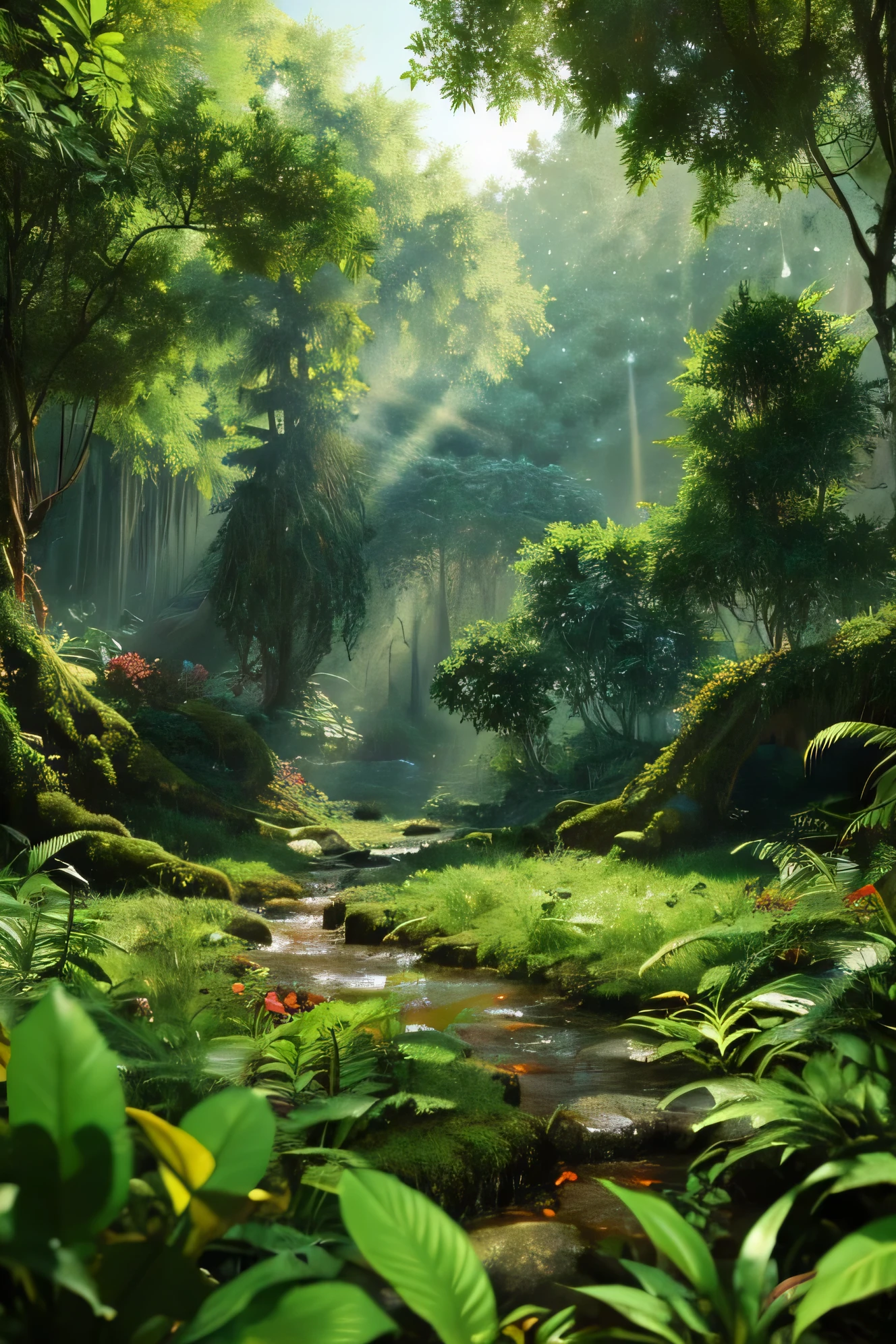 Beautiful hyper-realistic and super-detailed background that shows the vegetation of a virgin, ancient and mysterious forest,
exotic foliage