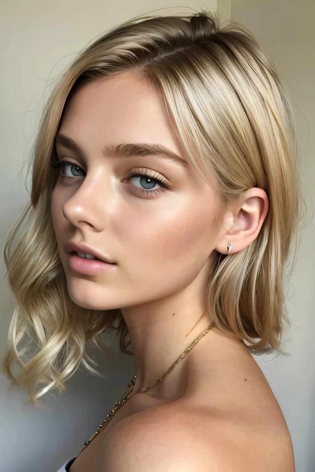 1 fille dans, 19 ans, seulement, cheveux longs, Colossal , regarder le spectateur, cheveux blond, bare shoulders, yeux marrons, bijoux, Tout le corps, un collier, off the shoulders, Chandails, Realistic, Un sexy