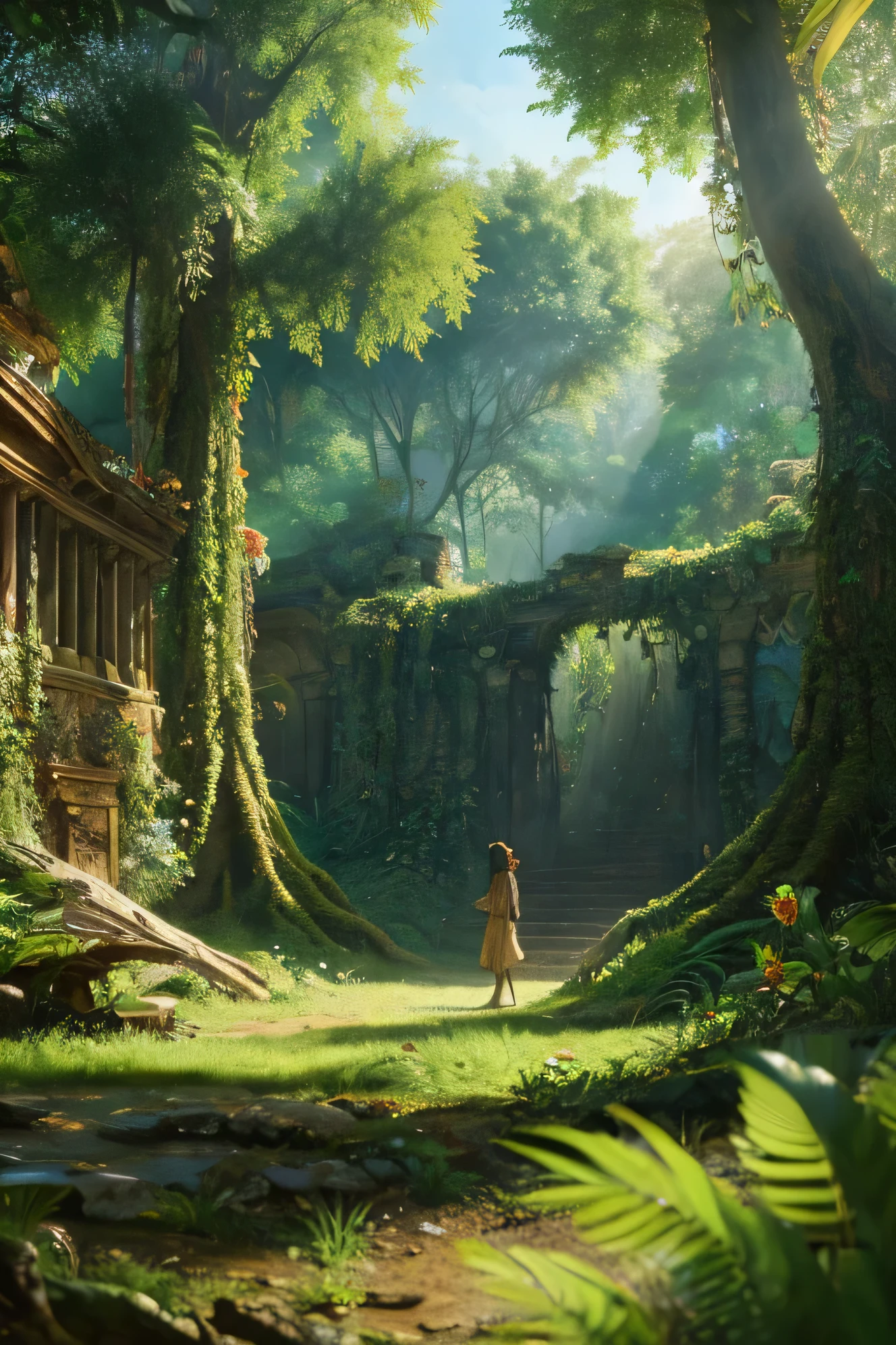Beautiful hyper-realistic and super-detailed background that shows the vegetation of a virgin, ancient and mysterious forest, 
exotic foliage
