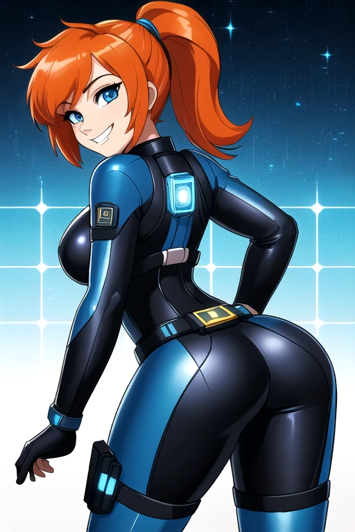 (masterpiece, best quality), intricate details, 1girl, ((32year old, Wearing a tight blue futuristic sci-fi bodysuit:1.2, utility belt, boots, medium breasts, short orange hair, pony tail styled hair, perfect model body:1.3, detailed blue eyes:1.5, Seductive grin on face, looking from behind:1.2, back shot, ass focus)),
