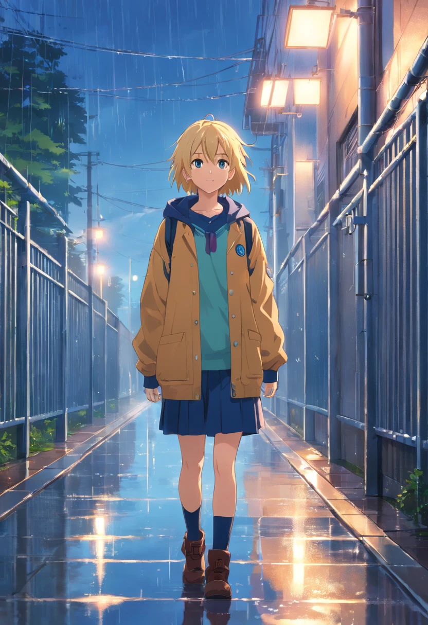 17 year old blonde woman, pelo cortado en melena, le cubre una parte de la cara, ojos azules, delgada, vestida con abrigo abierto, sweter de lana blanco y falda escocesa, con botas de montar, standing in front of a metal fence and the floor with rain puddles
