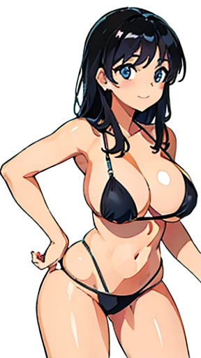 masterpiece, best quality, cute eyes, 1girl, solo, random pose, sexy pose, seductive pose, black micro bikini, ((white background)), huge breasts, from below,