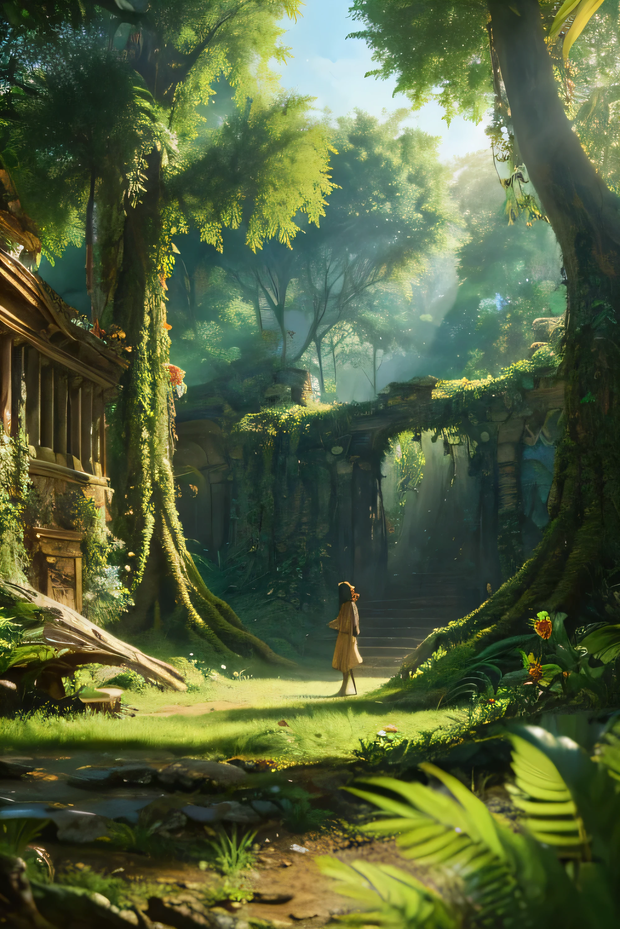 Beautiful hyper-realistic and super-detailed background that shows the vegetation of a virgin, ancient and mysterious forest,
exotic foliage