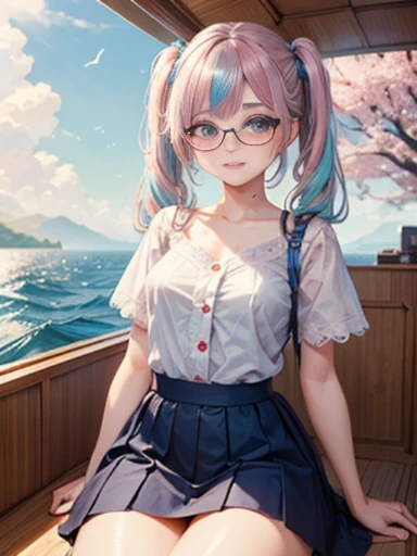 (masterpiece:1.2), (highest quality:1.2),, Curvy but slender body, perfect eyes, perfect face, perfect lighting, 1 girl,(rainbow colored hair, colorful hair, Half blue、half pink hair: 1.2),  cherry blossoms、 Glasses、（Cute floral shirt），（whole bodyが見える），spring、（painted on steel、Transparent sexy clothes、polka dots、Extremely Mini、lace skirt），curly hair, Clothes with short sleeves, 、In the sea、on the boat、, compensate, eye shadow, small breasts、thick eyelashes, fantasy, looking at the viewer, whole body，alice in wonderland、blue sky、Bright and beautiful face、young shiny glossy white shiny skin、the best beauty、the most beautiful in the world、thin hair、long hair、Shining beautiful bangs、big shining blue eyes、very beautiful and lovely 8 , the most beautiful girl in the world、twin tails、Glasses、a disappointed face、Waiting for a kiss、smile.Fashionable underwear